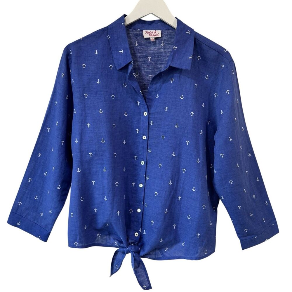 Hester & Orchard Linen Cotton Button Front Blouse Blue Large Nautical Anchor EUC